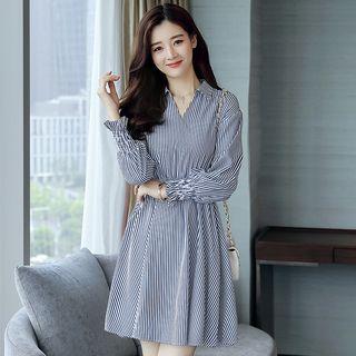 Pinstripe V-neck Long-sleeve Dress