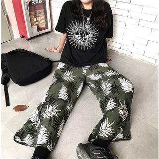 Short-sleeve Printed T-shirt / Leaf Print Wide Leg Pants