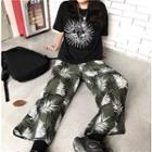 Short-sleeve Printed T-shirt / Leaf Print Wide Leg Pants
