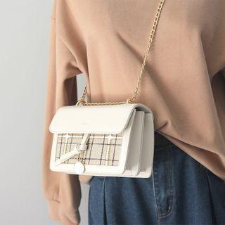 Faux Leather Plaid Panel Chain Strap Crossbody Bag