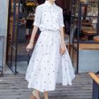 Heart Print Elbow-sleeve Maxi A-line Shirtdress