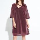 Cut Out Front 3/4 Sleeve Glittered T-shirt Dress