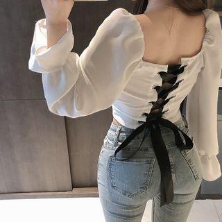 Ruffle Trim Long-sleeve Lace-up Back Cropped Top