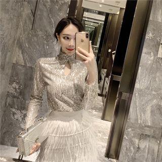 Set: Long-sleeve Sequined Top + Fringed Mini A-line Skirt