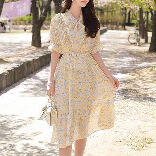 Tie-neck Frilled Long Floral Dress