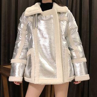 Buckled Collar Padded Paneled Zip Jacket / Rhinestone Mini Pleated A-line Skirt