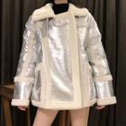 Buckled Collar Padded Paneled Zip Jacket / Rhinestone Mini Pleated A-line Skirt