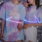 Elbow-sleeve Printed Tie-dye T-shirt