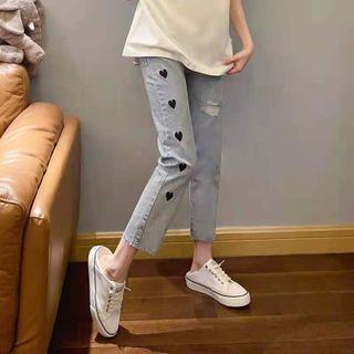 Heart Embroidered Distressed Straight Leg Jeans