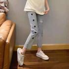 Heart Embroidered Distressed Straight Leg Jeans