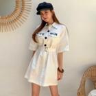 Letter-printed Mini Shirtdress With Belt Ivory - One Size