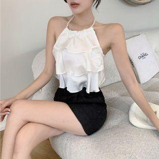 Pearl Halter Frill Trim Layered Top / Pearl Suspender / Pearl Strap / Tie-waist Frill Trim High Waist Shorts