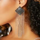 Rhinestone Fringed Earring 1 Pair - Silver & Black - One Size