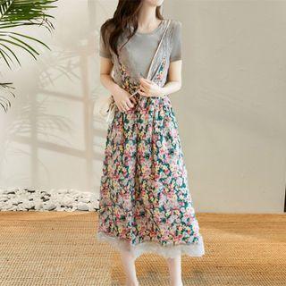 Short-sleeve Mock Two-piece Flower Print Midi Dress