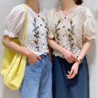 Puff-sleeve Floral Embroidered Knit Panel Blouse