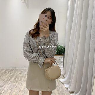 Plaid Square-neck Blouse As Shown In Figure - One Size