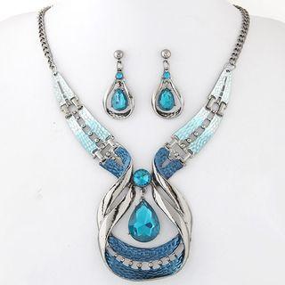 Set : Rhinestone Pendant Necklace + Drop Earring Blue & Silver - One Size