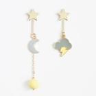 Non-matching Moon & Star Dangle Earring 1 Pair - 925 Silver - Moon & Lightning - Yellow & Gray - One Size
