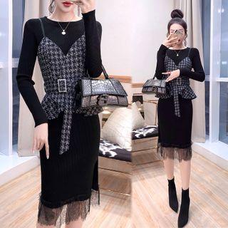 Set: Lace Hem Midi Sheath Sweater Dress + Houndstooth Camisole Top