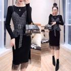 Set: Lace Hem Midi Sheath Sweater Dress + Houndstooth Camisole Top