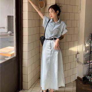 Elbow-sleeve Denim Shirt / A-line Maxi Skirt