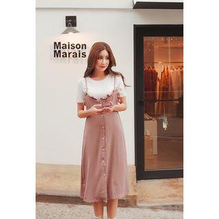 Set: Short-sleeve T-shirt + Spaghetti-strap Frill-trim Dress