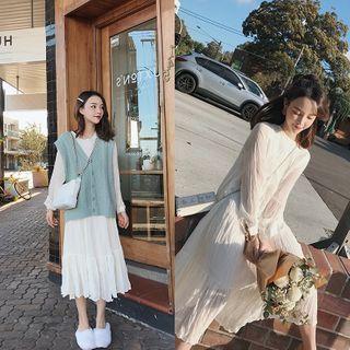 Set: Long-sleeve Midi A-line Dress + Sweater Vest