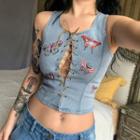 Butterfly Embroidered Lace-up Denim Camisole Top