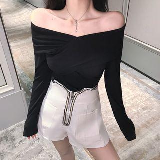 Long-sleeve Wrapped T-shirt Black - One Size