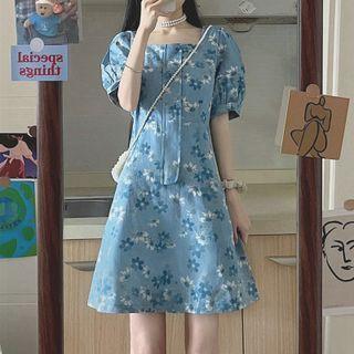 Short-sleeve Floral Print Denim Dress