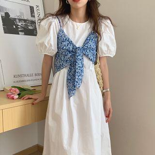 Set: Puff-sleeve Midi A-line Dress + Floral Print Camisole Top