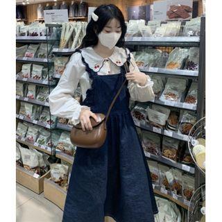 Puff-sleeve Cherry Embroidered Blouse / Ruffle Strap Overall Dress
