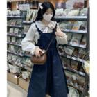 Puff-sleeve Cherry Embroidered Blouse / Ruffle Strap Overall Dress