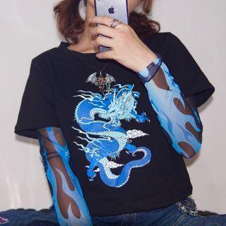 Long-sleeve Mock Two-piece Dragon Print T-shirt