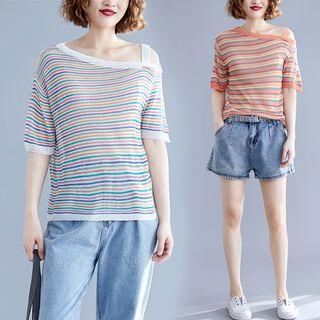 Color Striped Off-shoulder T Shirt