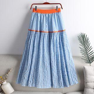 Color-block Plaid Panel A-line Midi Skirt