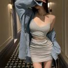 Crop Camisole Top / Mini Pencil Skirt / Denim Shirt