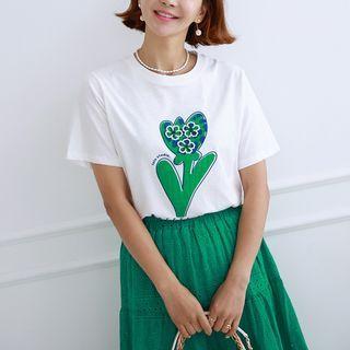 Beaded Flower Appliqu  T-shirt