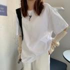 Elbow-sleeve Heart Print T-shirt T-shirt - Love Heart - White - One Size