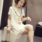 Fringed Hem Short-sleeve T-shirt Dress