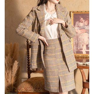 Set: Plaid Single-button Blazer + Pencil Skirt