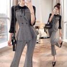 Set: Mock Two-piece Lace Panel 3/4-sleeve Top + Plaid Cropped Boot-cut Pants