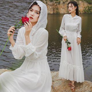 Long-sleeve Hooded A-line Maxi Lace Dress