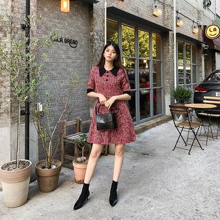 Contrast Collar A-line Tweed Dress
