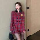 Cropped Double-breasted Plaid Blazer / Pleated Mini A-line Skirt