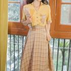 Set: Short-sleeve V-neck Shirt + High Waist Plaid Midi A-line Skirt