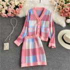 Set: Check V-neck Knit Cardigan + High-waist Skirt Pink - One Size