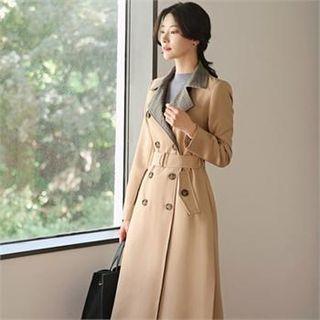 Tall Size Plaid Trim Double-breasted Trench Coat