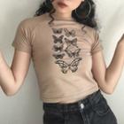 Butterfly Print Short-sleeve Cropped T-shirt