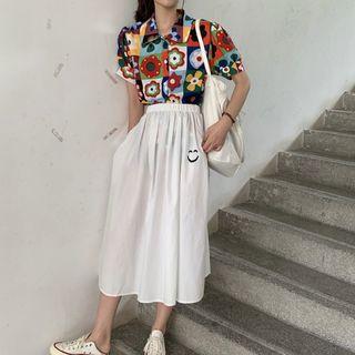 Short-sleeve Floral Shirt / Midi A-line Skirt
